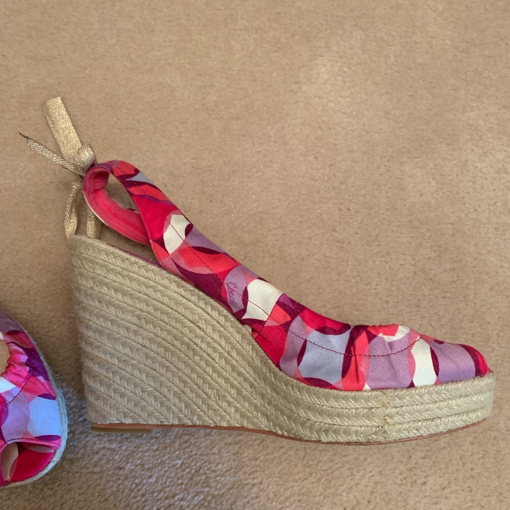 Coach pink and purple wedges with gold tie